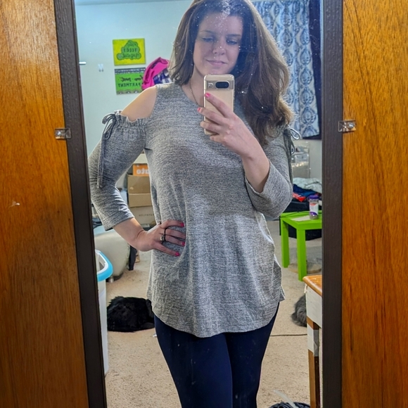 Heather gray off the shoulder boutique top or mini dress comfy cute ruffle bow - Picture 3 of 11